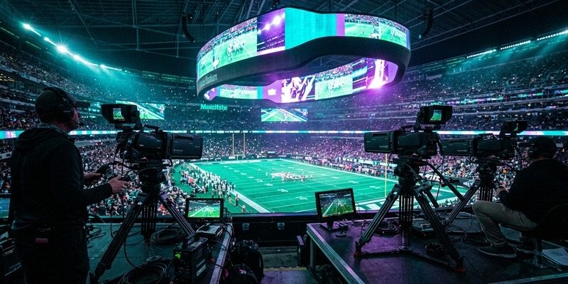 Sports broadcast production — arena LED scoreboard and broadcast cameras